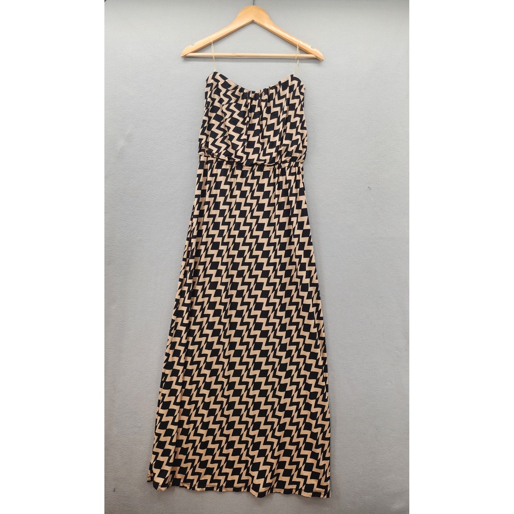 Trixxi Womens Strapless Maxi Dress Lg Black Tan Geometric Chevron Elastic Waist